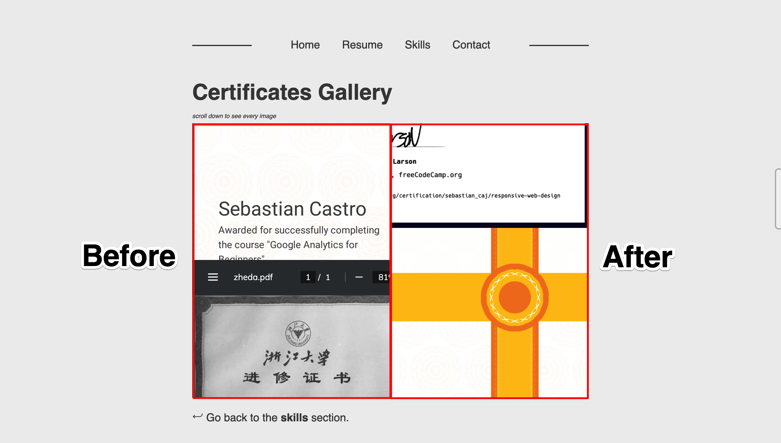 A screenshot from this website's certificatios section